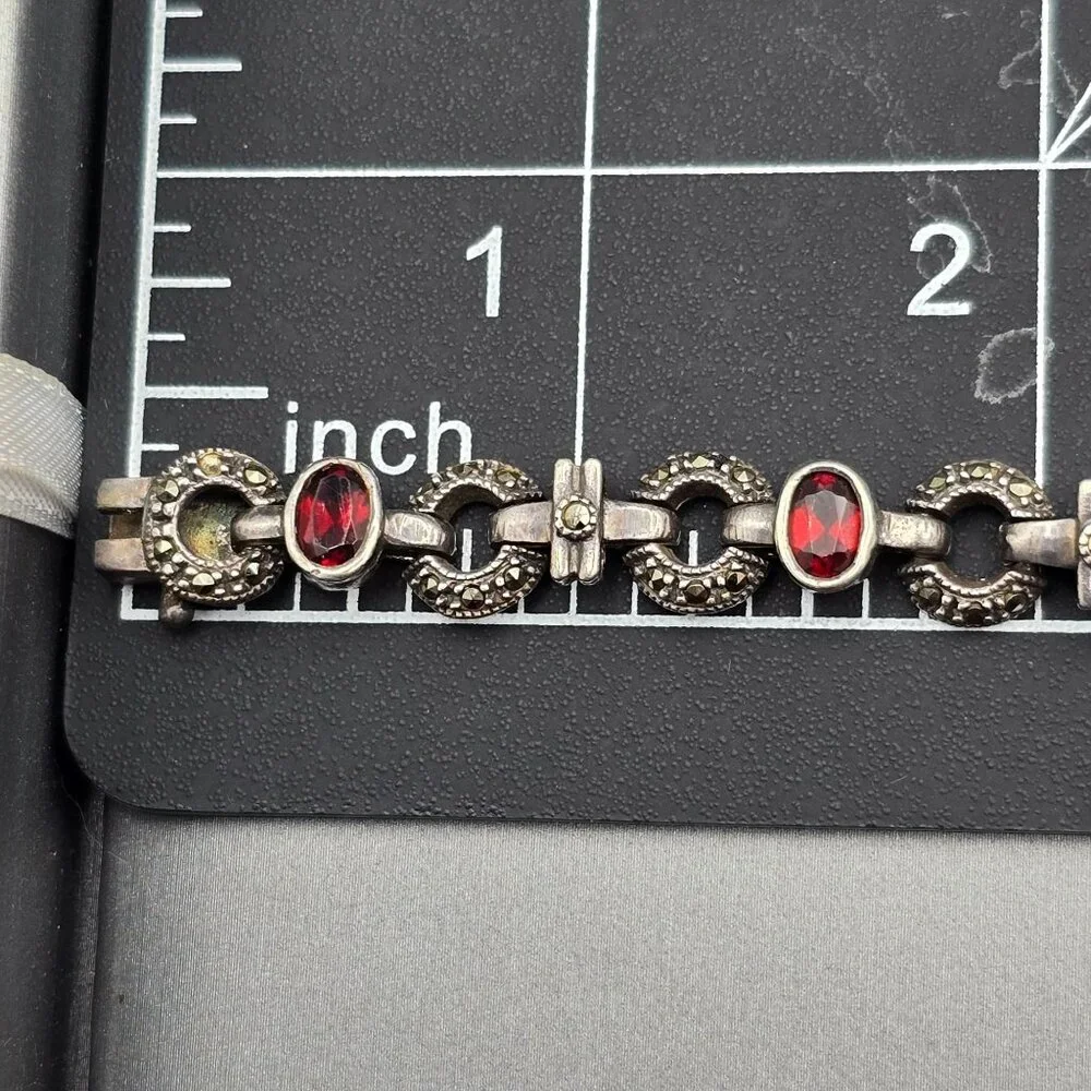VTG Sterling Silver Garnet & Marcasite Link Bracelet 7.5" RF Hallmark Box Clasp - Picture 13 of 14